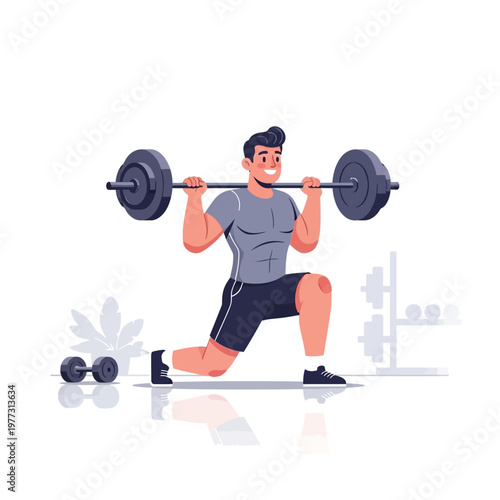 Man doing barbell lunges in gym, fitness workout, healthy lifestyle illustration