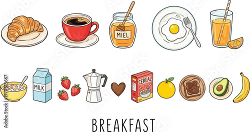 Breakfast illustration, croissant, coffee cup, honey jar, fried egg, orange juice, cereal bowl, milk carton, strawberries, moka pot, toast, avocado, banana, cereal box, fruit, chocolate spread,
