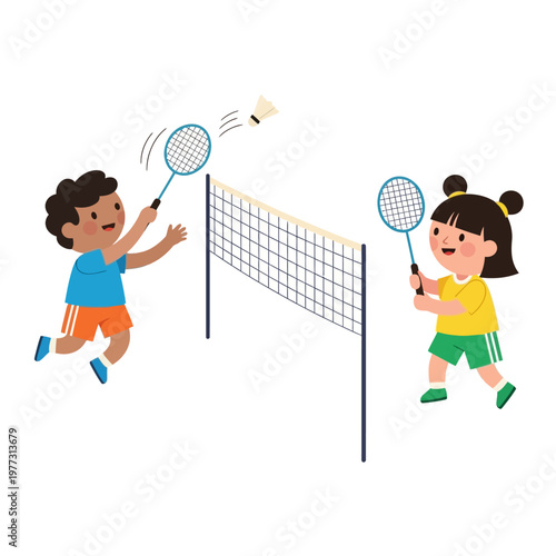 Children Playing Badminton Game Outdoors, Fun Sports Activity for Kids