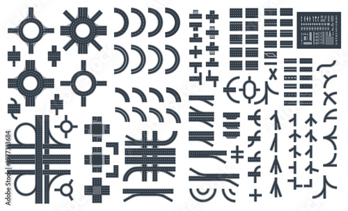 Top view road constructor set with highway junctions roundabouts and traffic signs elements.