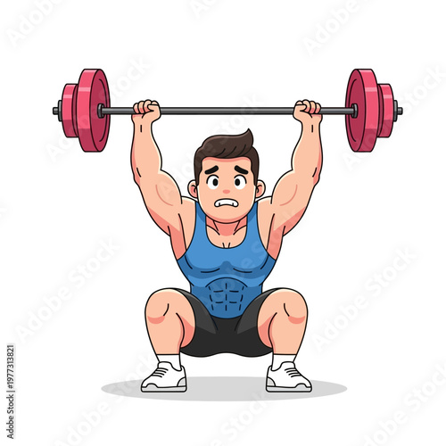Man lifting heavy barbell in squat position, fitness and weightlifting cartoon illustration