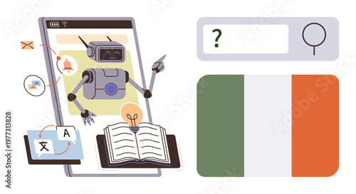 Language learning, AI translation, cultural education, online search, technology in education, global communication. A robot with books and an Irish flag displayed. Language learning and AI