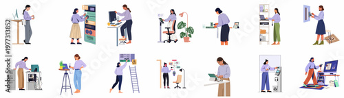 Set of flat vector illustrations depicting women working with various technologies in modern office and home office settings, including IT, security, and administrative tasks.
