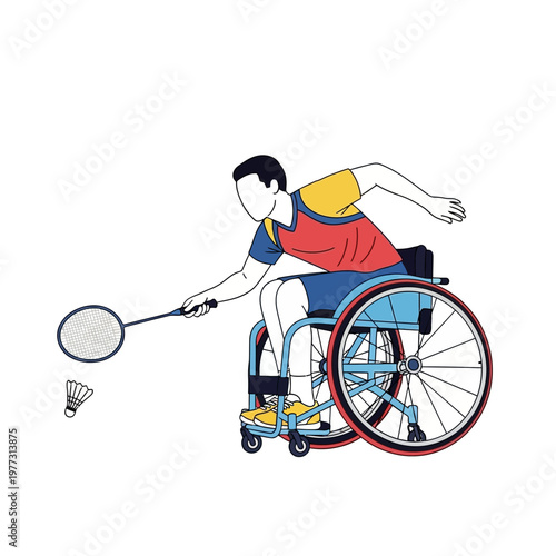 Disabled athlete playing badminton in a wheelchair, active lifestyle, sports illustration