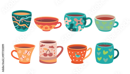 Cozy ceramic tea cups and coffee mugs set with colorful patterns and cute illustrations.