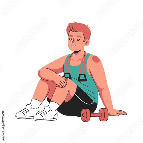 Man Resting After Workout, Sitting Down with Dumbbell