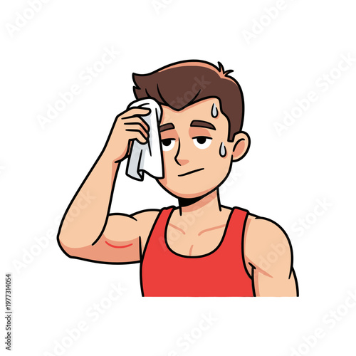 Man wiping sweat from forehead with towel, feeling hot and tired after workout or exertion