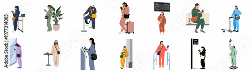 Set of flat vector illustrations depicting diverse female travelers in an airport environment performing various check-in and waiting activities.
