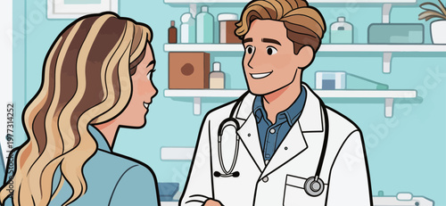 Male Doctor Talking to Female Patient in Clinic