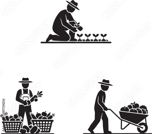 Vegetable vendor silhouette with cart, professional farmer or street hawker carrying organic produce, isolated on white background
