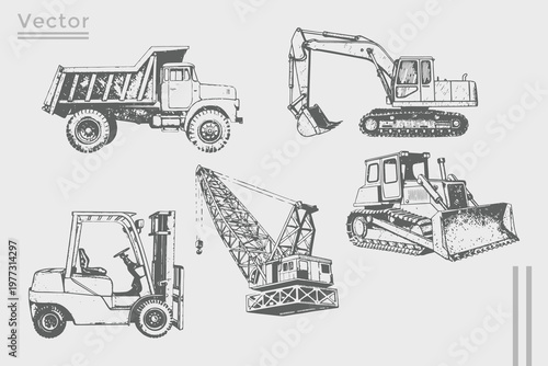 construction vehicle illustration. Heavy equipment for the construction of buildings vintage stipple effect. excavator, crane, dump, truck, bulldozer, loader vector
