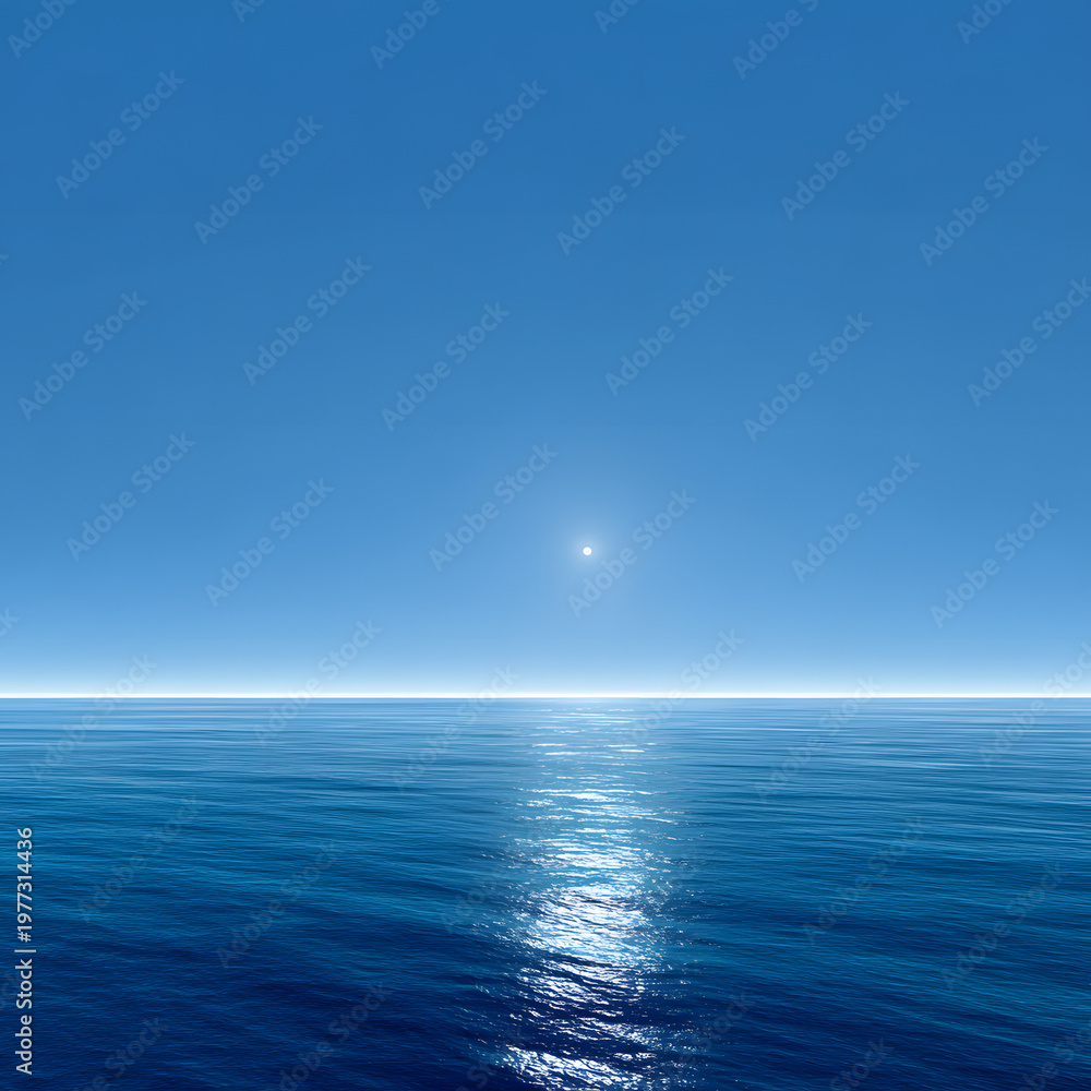 Obraz premium Calm blue ocean horizon with bright sunlight reflection under clear sky