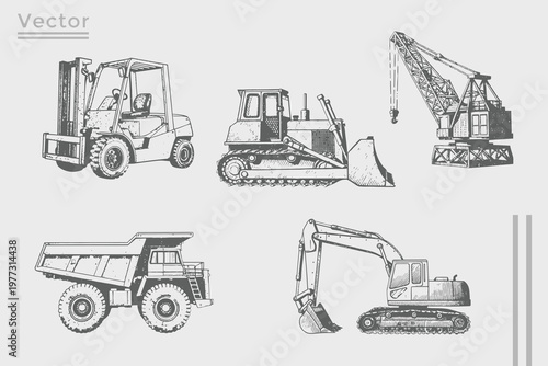 construction vehicle illustration. Heavy equipment for the construction of buildings vintage stipple effect. excavator, crane, dump, truck, bulldozer, loader vector