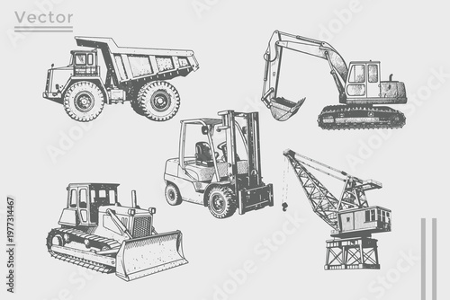 Collection of construction elements excavator, crane, dump truck, bulldozer, loader illustration. vIntage engraving style detailed vector set. 