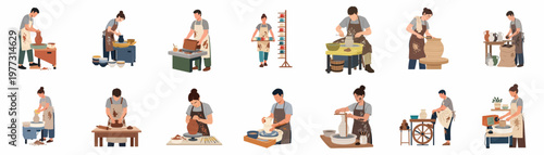 Flat vector illustrations of people working in a pottery studio, crafting ceramics on wheels, sculpting clay, and painting finished products.