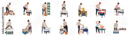 Vector illustration set featuring female potters working on pottery wheels, creating diverse ceramic objects in a craft studio environment.