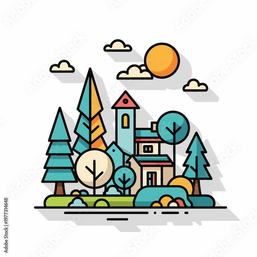 Flat Design Village Landscape with Trees, Sun, and Clouds - Minimalist Illustration