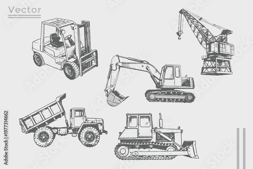 Collection of construction elements excavator, crane, dump truck, bulldozer, loader illustration. vIntage engraving style detailed vector set. 