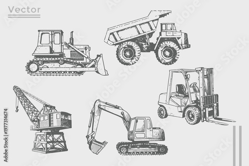 Vector vintage set of construction element set. engraving style realistic Forklift, excavator, crane, dump truck, bulldozer, loader