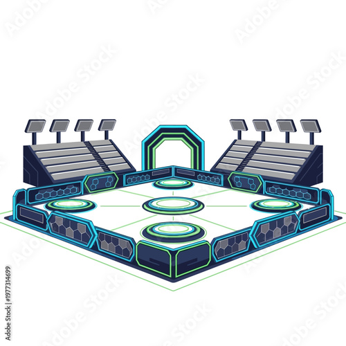 Futuristic Arena with Neon Lights and Stadium Seating, Digital Game Environment