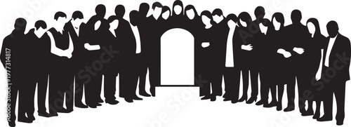 Group of people silhouette illustration vector standing in semi circle around open doorway