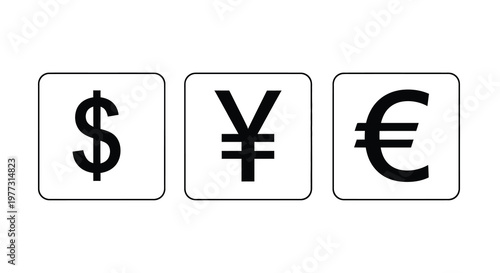 Currency symbols including dollar yen and euro in white boxes silhouette