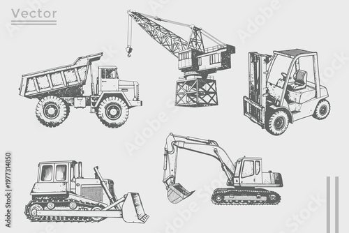 Vector vintage set of construction element set. engraving style realistic Forklift, excavator, crane, dump truck, bulldozer, loader