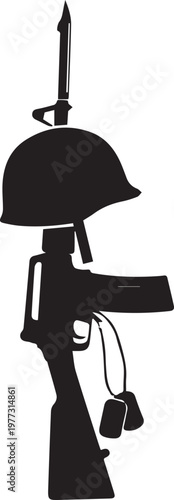 Military memorial silhouette vector illustration with rifle helmet and dog tags on ground