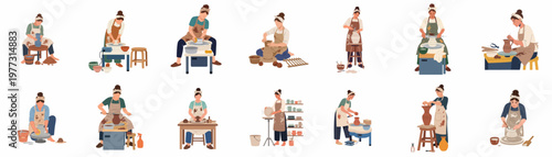 Set of flat vector illustrations featuring women potters working with clay, pottery wheels, and ceramic art in a workshop studio environment.
