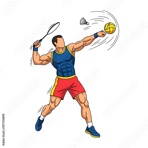 Muscular Man Playing Badminton Smash, Volleyball Action Shot, Athletic Sports Illustration