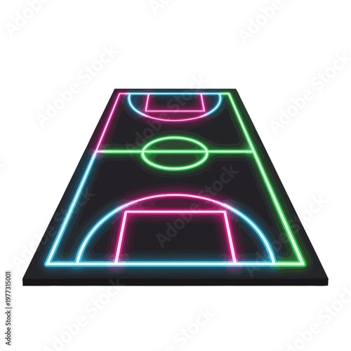 Neon basketball court, glowing lines on dark background, vibrant sports design