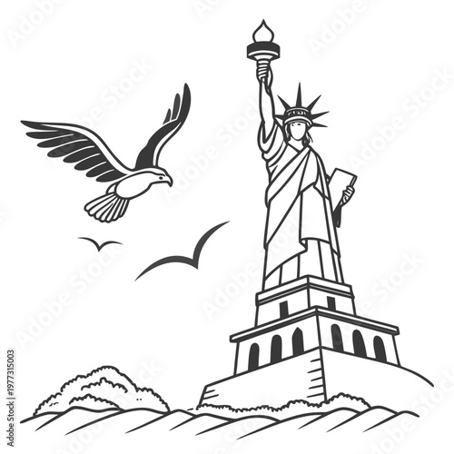 A black and white vector illustration of the Statue of Liberty with an eagle flying nearby