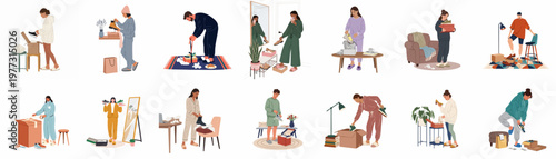 Set of diverse people unboxing, trying on, and enjoying new shoes and sneakers received from online shopping deliveries in various home settings.