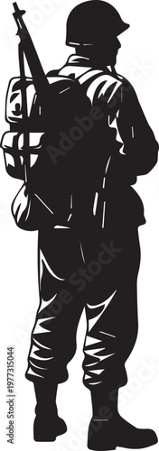 Soldier silhouette with rifle illustration vector military service man standing back view