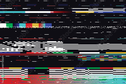 Glitchy colorful digital distortion on a with horizontal lines and pixels