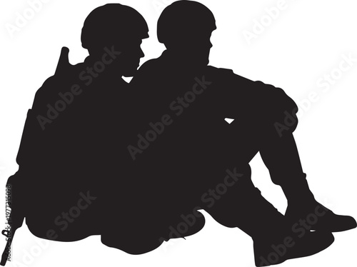 Two soldiers in silhouette vector illustration line art sitting back to back