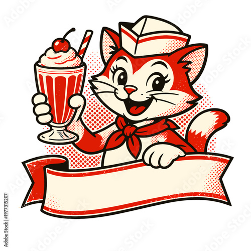 Retro diner cat mascot illustration holding a milkshake with whipped cream and cherry, designed in vintage red and cream cartoon style with a blank ribbon banner