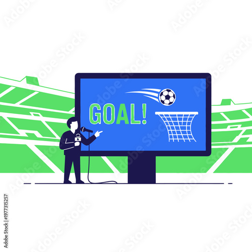 Sports commentator announcing goal on screen at stadium