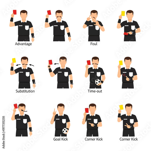 Soccer Referee Signals: Red Card, Yellow Card, Foul, Advantage, Time Out, Goal Kick