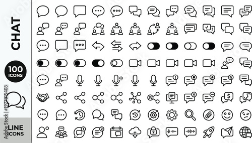A collection of 100 chat and line icons in black and white, featuring various communication and social media symbols. Ai, eps, jpg, transparent background, png