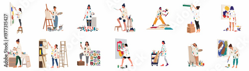 Set of diverse female artists painting on canvas with various tools, showcasing creative art processes in a flat vector illustration style.