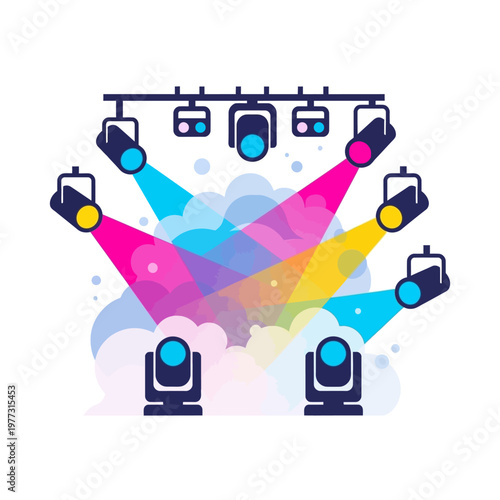 Stage lighting equipment with vibrant colorful beams and smoke effects, party atmosphere