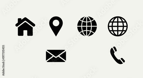 Collection of six modern vector icons representing home, location, globe, email, and phone services for communication and contact