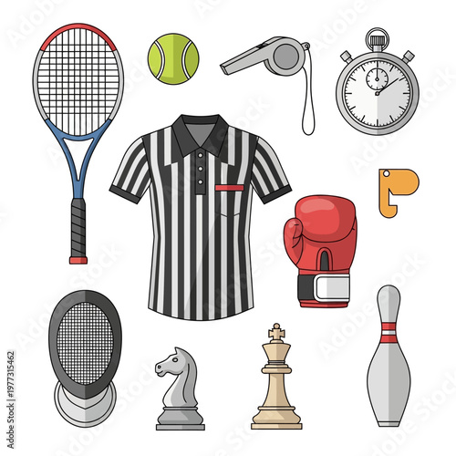 Sports Equipment Collection: Tennis, Boxing, Referee, Chess, Bowling & Stopwatch