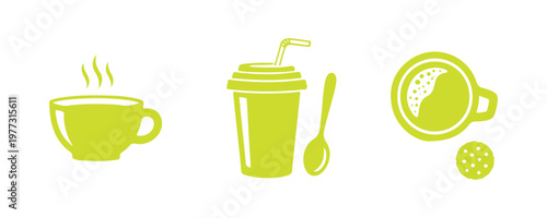 Vector icon set featuring cups of hot beverages with rising steam in a minimal design.