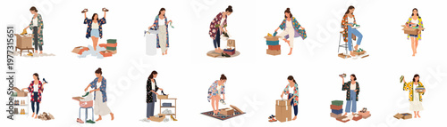 Vector illustration collection of women unboxing and trying on various types of shoes from online shopping delivery packages.
