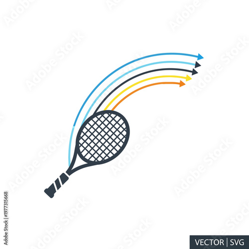Tennis racket with colorful abstract arrows symbolizing speed and motion
