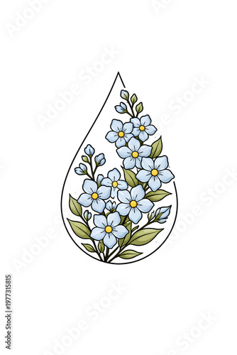 Delicate forget-me-not tattoo design arranged inside a water droplet outline, combining soft botanical beauty with symbolism of memory, emotion, and healing