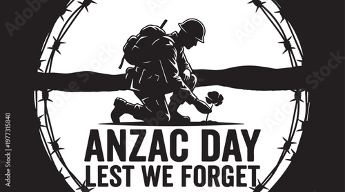 Black silhouette kneeling soldier with flower ANZAC Day vector illustration for remembrance tribute design