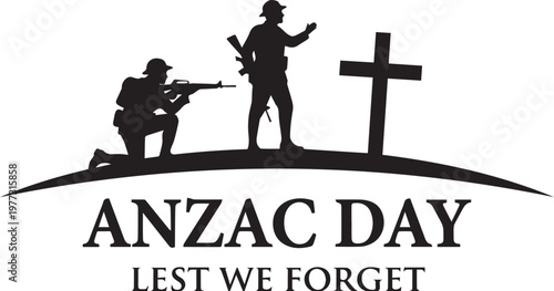Black silhouette soldiers with cross ANZAC Day vector illustration for remembrance tribute design